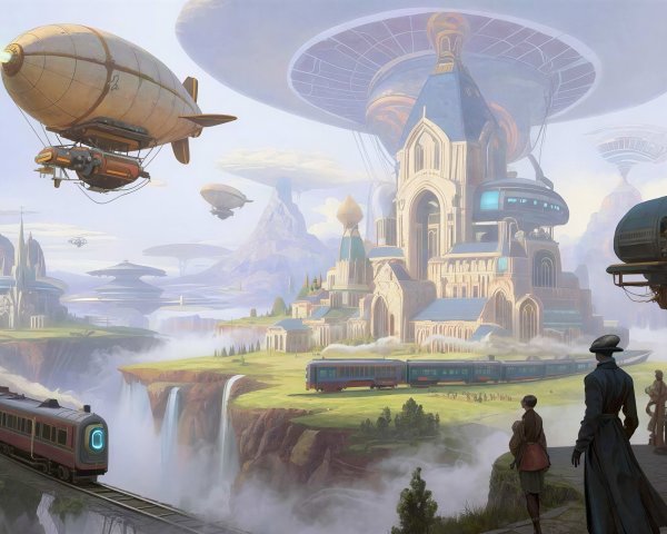 Elevated Fantasy Town with Victorian Cityscape and Trains