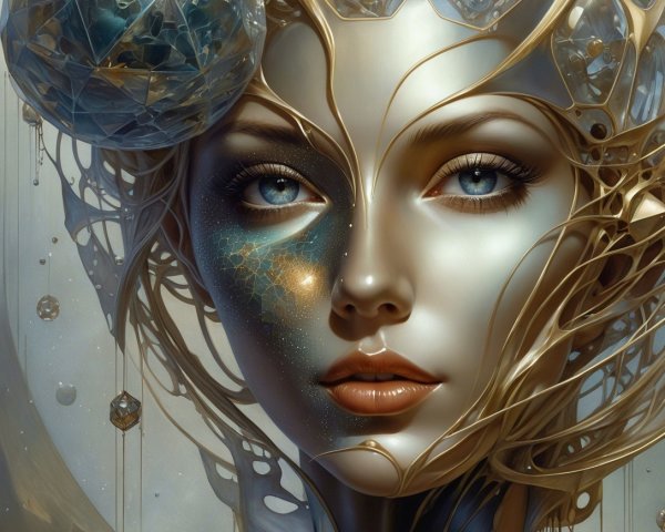 Ethereal Figure with Golden Patterns and Geometric Shapes