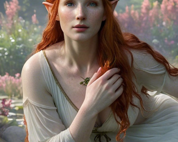 Mystical figure with red hair in serene pond setting