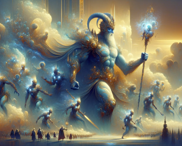 Majestic Figure with Horns and Ethereal Spirits