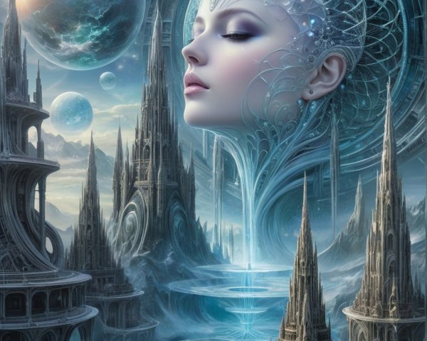 Futuristic Figure in Cosmic Cityscape with Celestial Elements