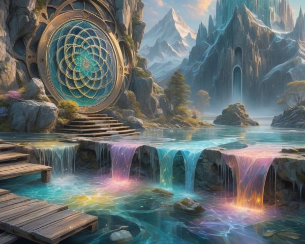 Serene Fantasy Landscape with Vibrant Portal and Waterfalls