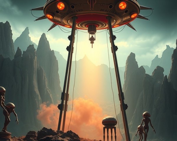 Futuristic landscape with a flying saucer and aliens