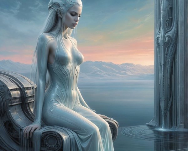 Futuristic figure on a throne in tranquil water landscape