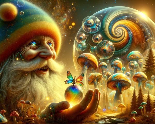 Cheerful Gnome with Glowing Orb in Enchanted Landscape