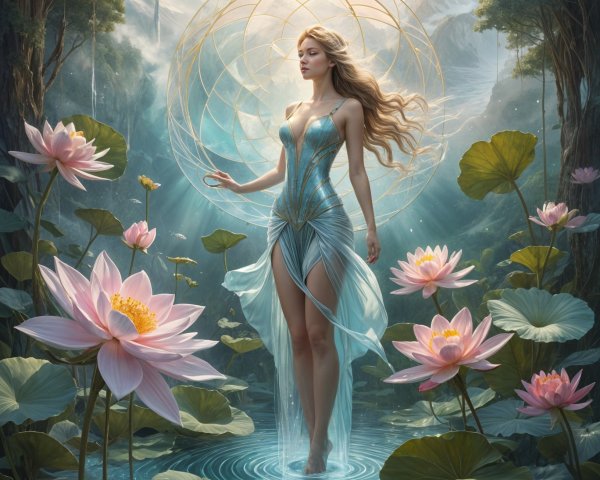 Ethereal Figure in Tranquil Lotus Pool Landscape