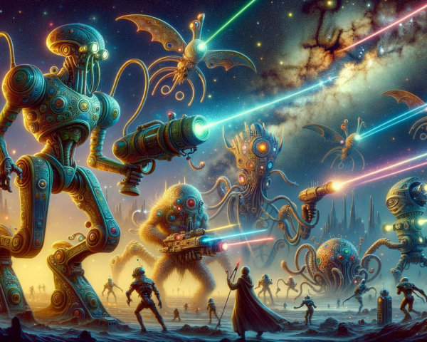 Retro-Futuristic Robots Clash with Extraterrestrial Creatures