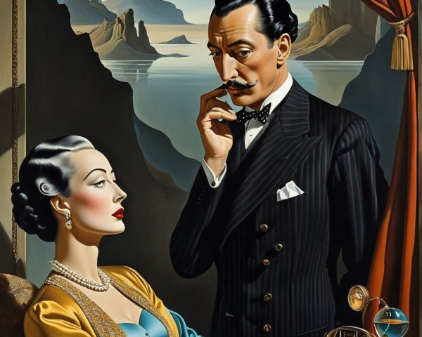 Surreal Vintage Scene with Elegant Couple in Striped Suit