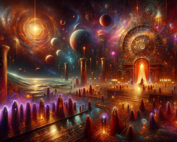 Surreal Cosmic Landscape with Vibrant Colors and Pillars