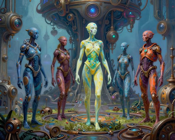 Detailed Cyborgs in a Steampunk Alien Forest Setting