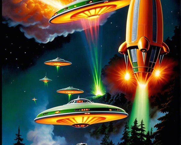 Vibrant Sci-Fi Scene with Rocket Ship and Flying Saucers