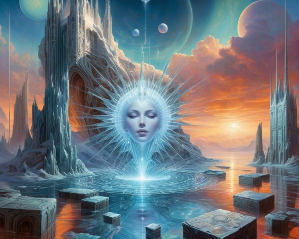 Surreal Landscape with Face and Crystal Structures