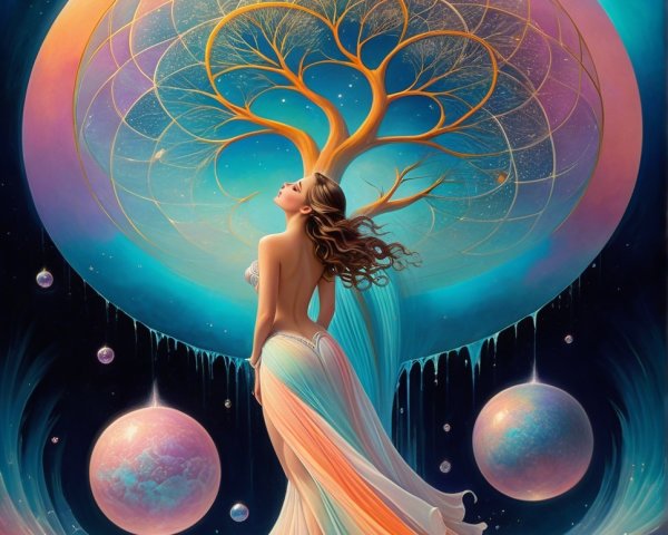 Ethereal Woman in Cosmic Background with Abstract Tree