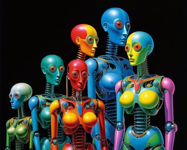 Humanoid Robots in Distinct Colors Against Black Background