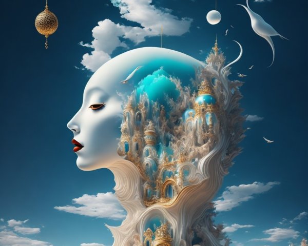 Surreal Landscape with Giant Ethereal Head and City