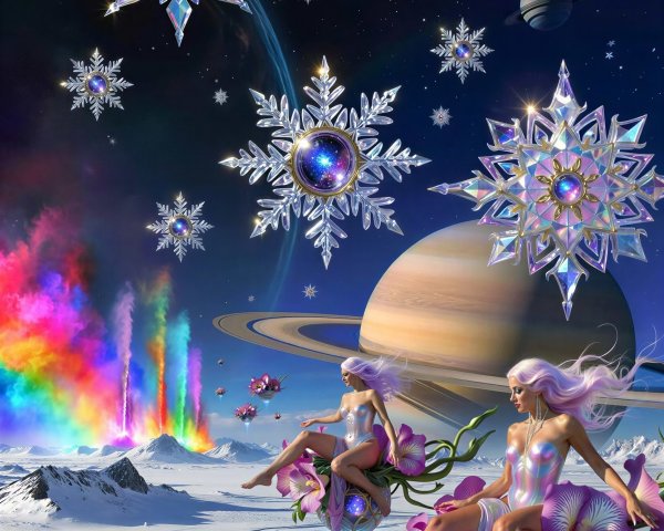 Futuristic Space Scene with Ethereal Women and Flowers