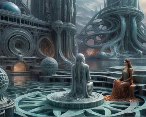 Serene landscape with alien architecture and reflections