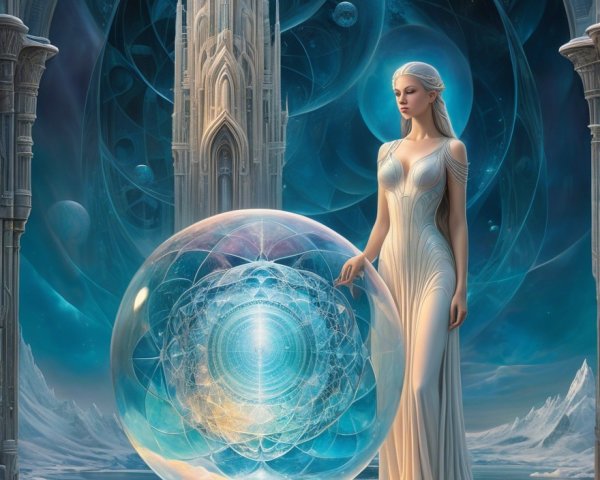 Serene Figure on Ice with Mystical Castle Background