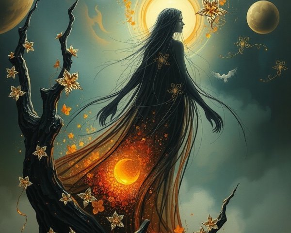 Mystical Figure in Surreal Landscape with Moons and Sun