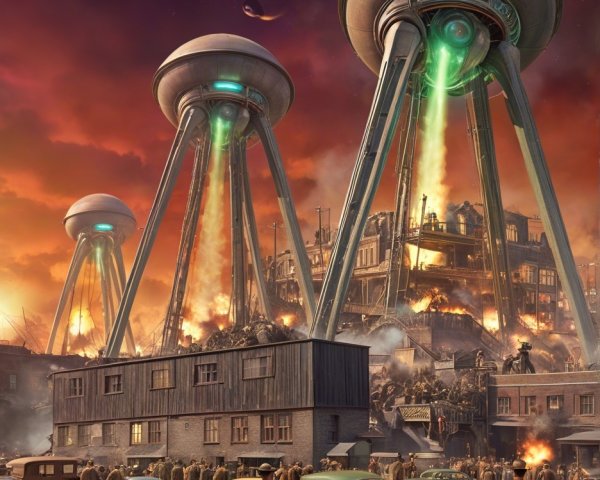 Alien Spacecraft Above Burning City in Dystopian Scene