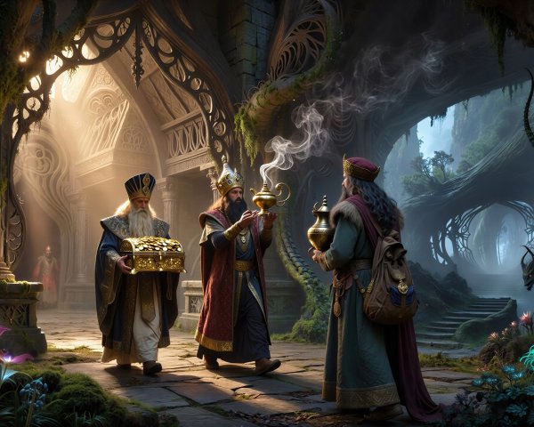 Elders in Gothic Temple with Gold Robes and Treasures