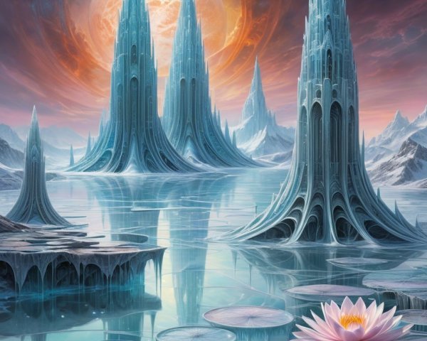 Surreal Landscape with Ice Structures and Lotus Flowers