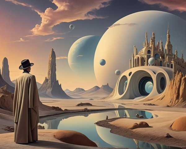 Lone Figure Observing Futuristic Castle in Arid Landscape