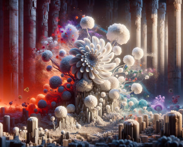 Surreal Landscape with Intricate Flower and Ethereal Spheres