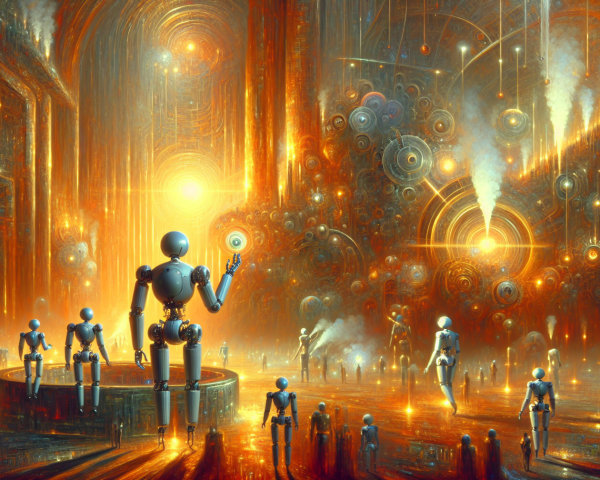 Futuristic landscape with glowing machinery and robots