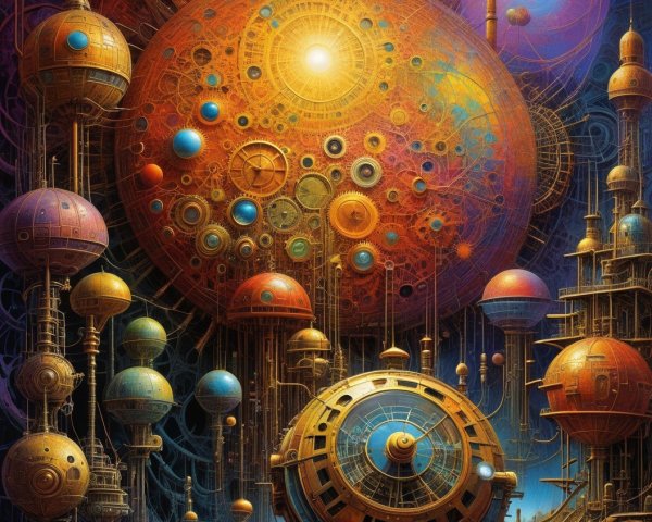 Surreal Landscape with Floating Orbs and Structures