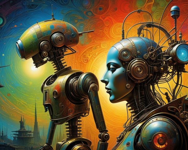 Futuristic humanoid robot with colorful embellishments