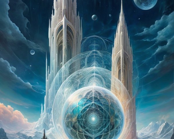 Surreal Landscape with Towering Spires and Cosmic Spheres