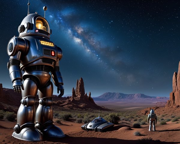 Desert Landscape with Robot and Futuristic Spacecraft