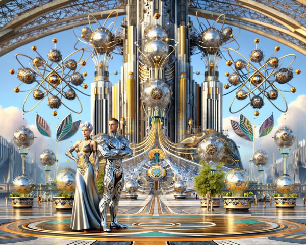 Futuristic Cityscape with Elegant Couple in Silver Gown