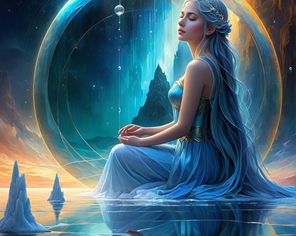 Serene figure in blue gown meditating in mystical landscape
