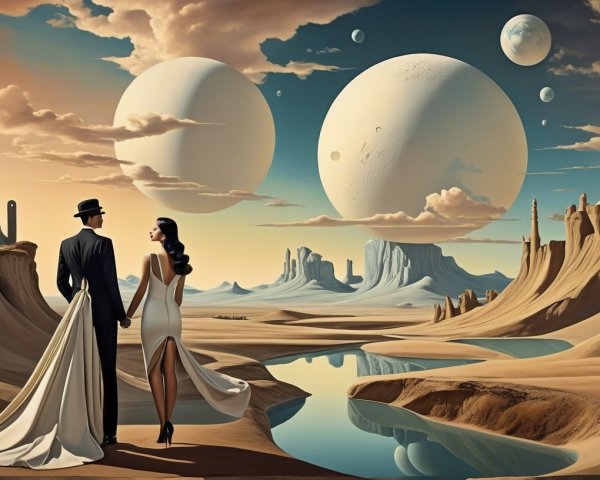 Surreal Landscape with Bride, Groom, and Celestial Bodies
