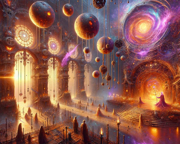 Cosmic Scene in Ethereal Hall with Celestial Orbs