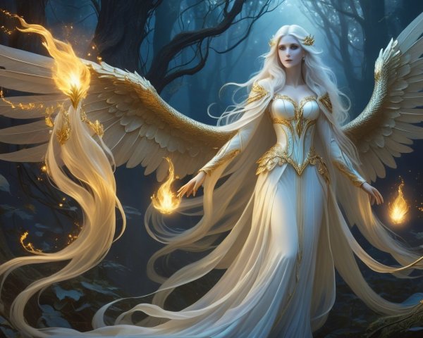 Radiant Angelic Figure in a Mystical Forest Setting