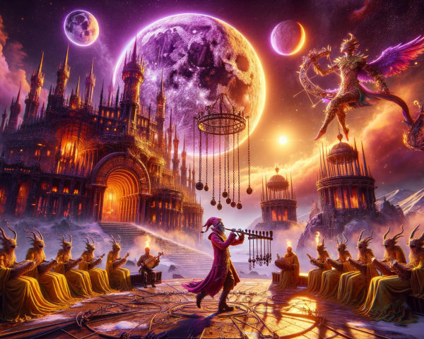 Musician with Celestial Instrument in Enchanted Realm