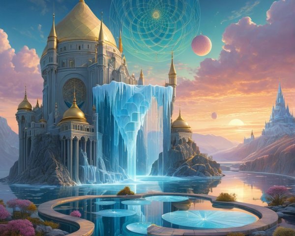 Fantasy Landscape with Golden Palace and Waterfall