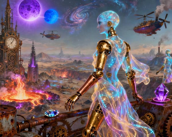 Surreal Steampunk Landscape with Robot and Gemstone