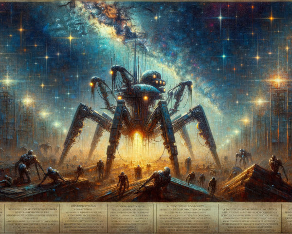 Colossal Mechanical Spider in a Starry Landscape