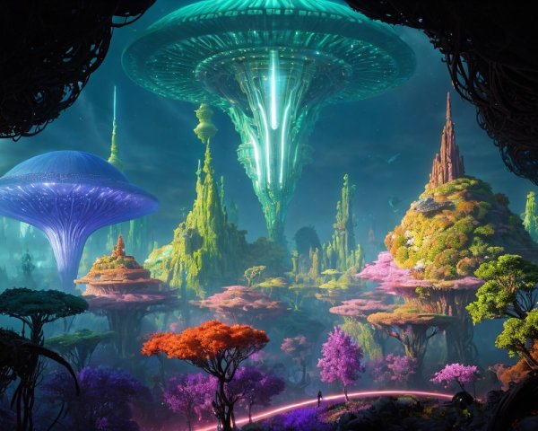 Alien Landscape with Luminescent Structures and Waterfalls