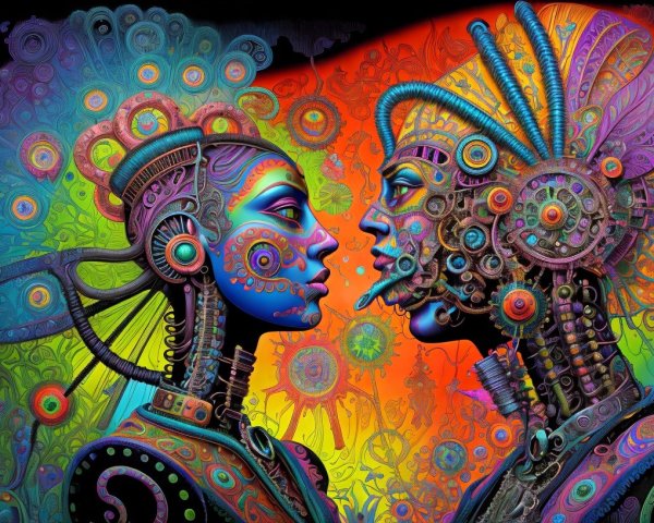 Intricately Designed Figures with Vibrant Colors and Patterns