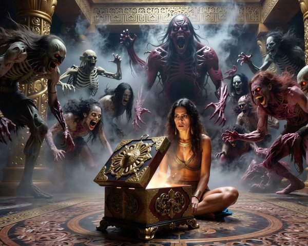 Terrified Woman with Golden Chest Surrounded by Creatures