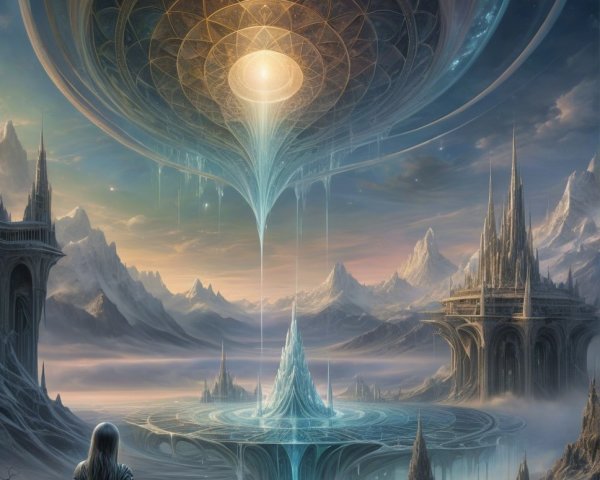 Surreal Landscape with Ethereal Realm and Crystalline Structure