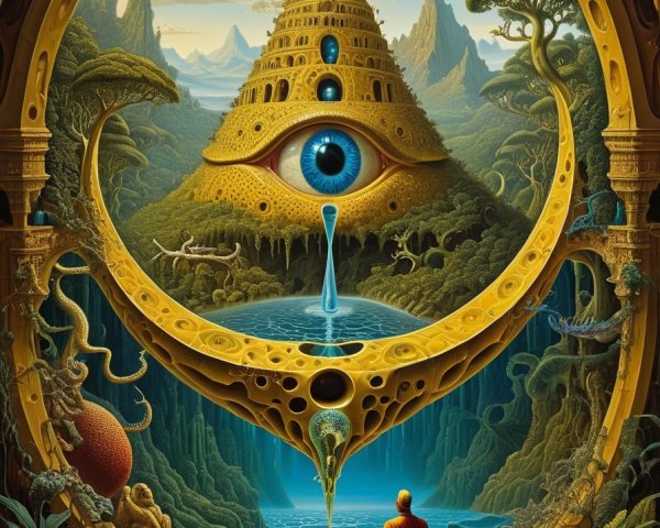 Surreal Landscape with Golden Pyramid and Eye