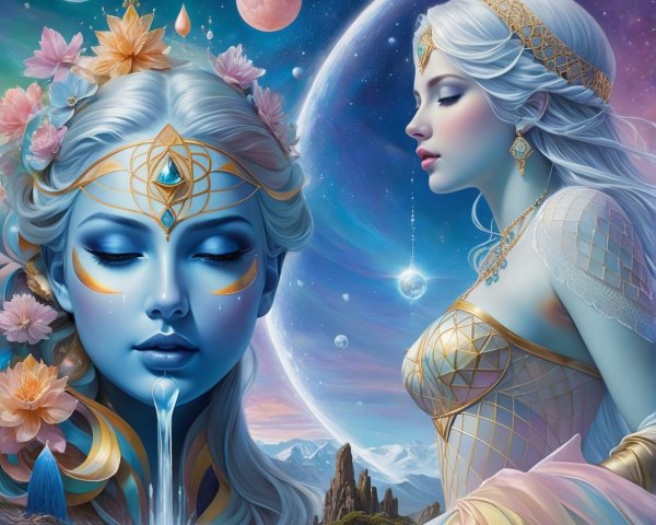 Ethereal Figures with Celestial Designs and Cosmic Backdrop