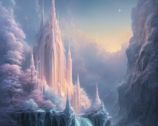 Majestic Ice Palace with Waterfall and Celestial Bodies