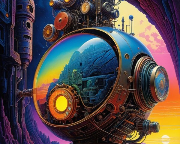 Futuristic spacecraft in a surreal colorful landscape